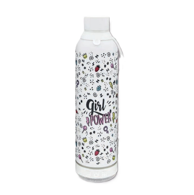 Borraccia termica bianca con speaker bluetooth integrato sul fondo, decorata con decoro misto Girl Power in acciaio inox doppia parete da 750 ml